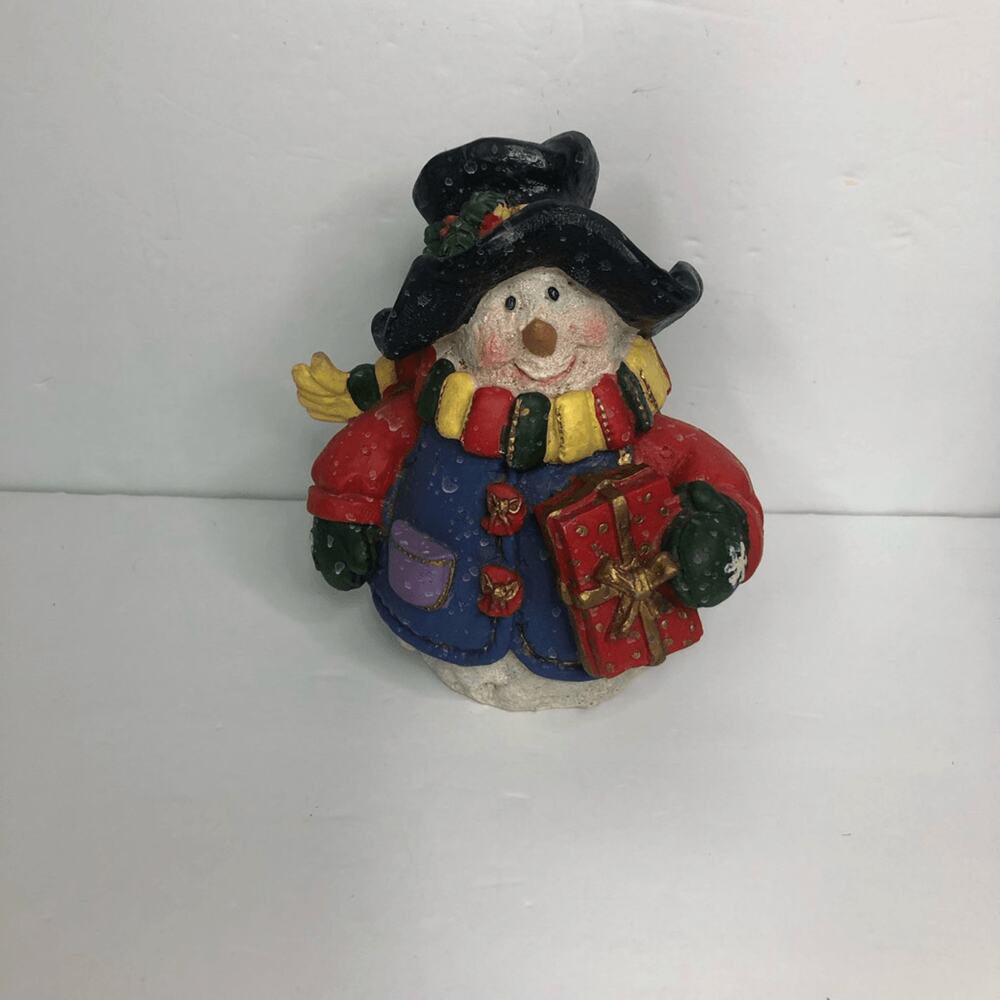 vtg Y2k colorful‎ snowman figure snow drops detail holding gift 7 inches tall